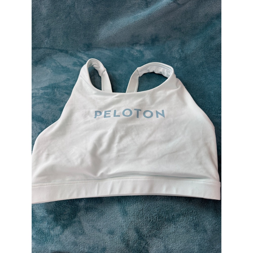 Peloton Womens XL High Neck Racerback Sports Bra Light Blue Logo Cutout Back